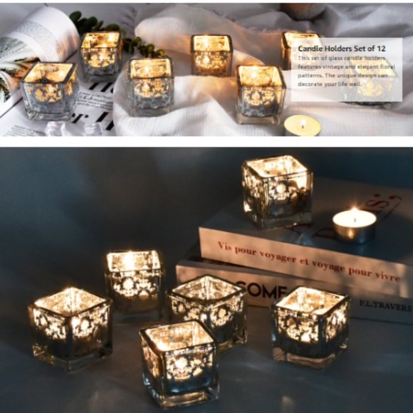 Set of 12 - Square Silver Mercury Glass Tea Light / Votive Candle Holders - Picture 10 of 13